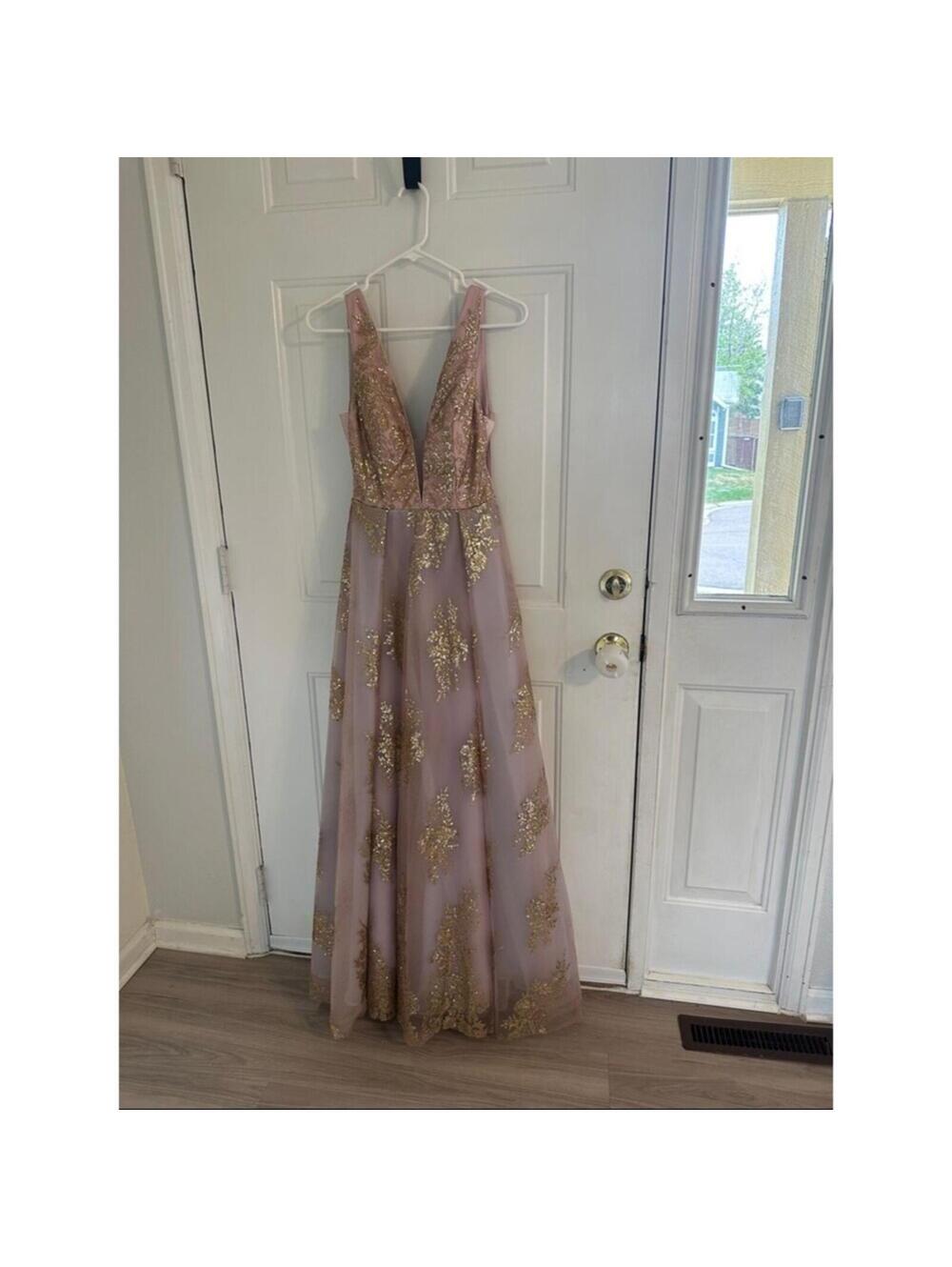 Blondie Nites Dusty Mauve Prom Gown with Gold Sequin